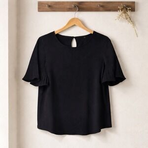 Adrianna Papell Blouse Womens Large Black Excellent Pleated Bell Sleeve Top